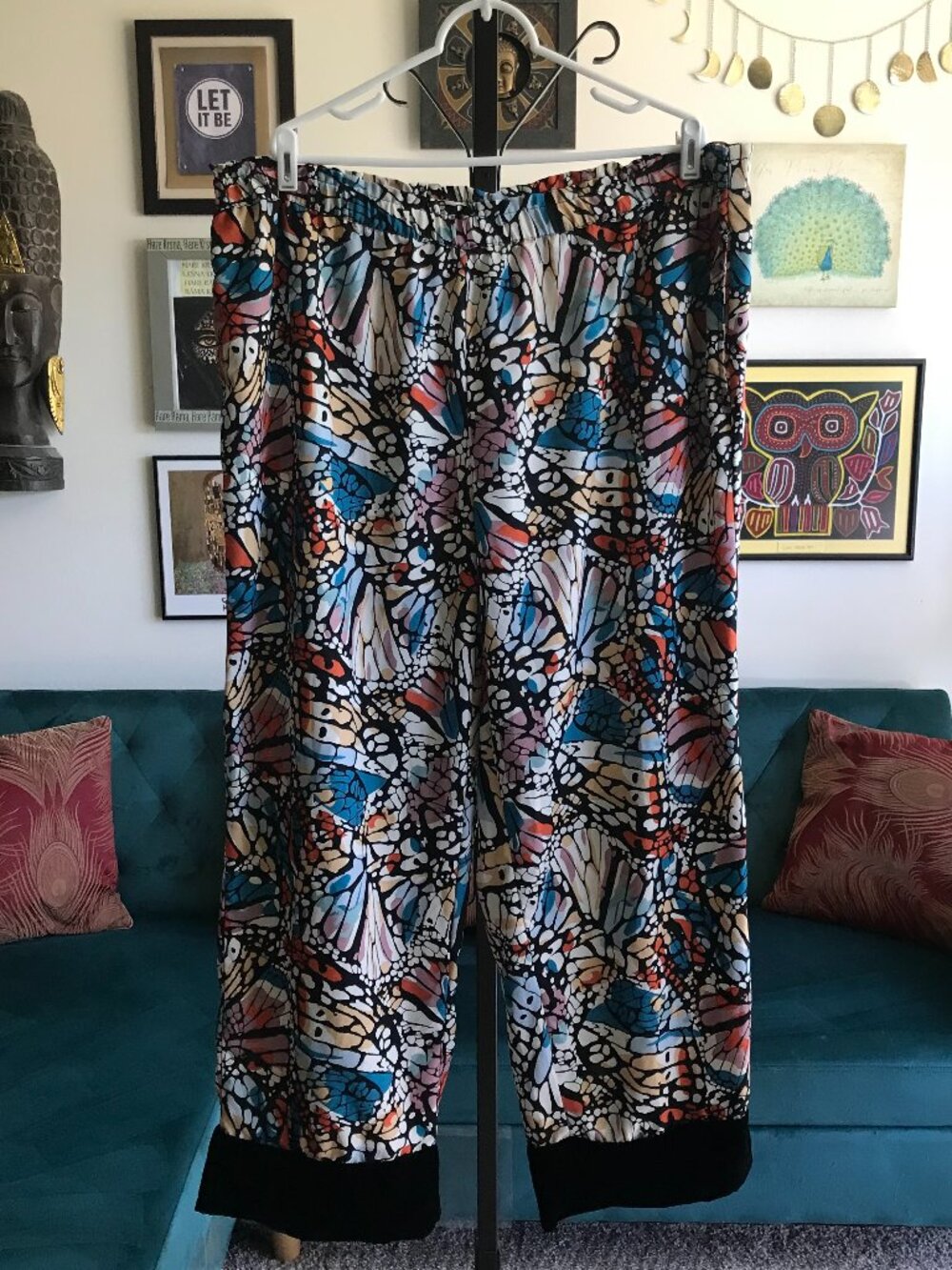 TOLANI Collection size 1X Artsy Butterfly Print Wide Leg Pants Velvet Trim
